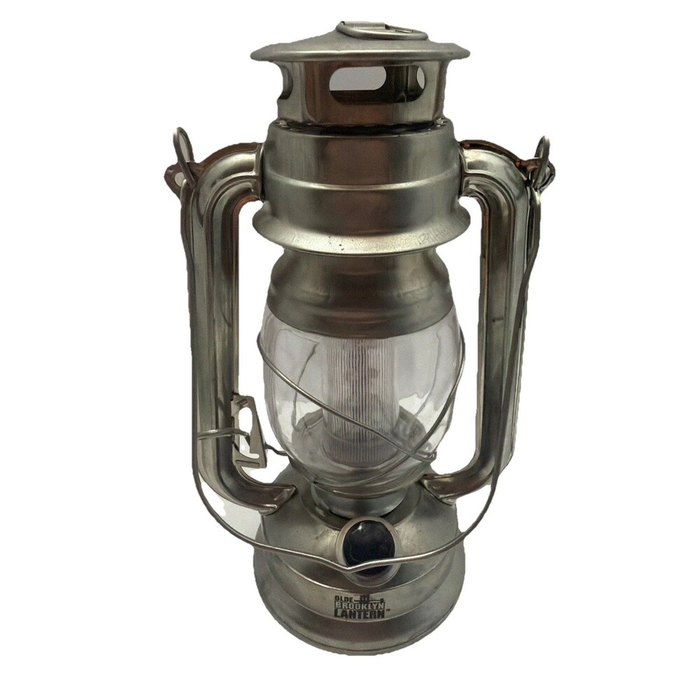 Vintage Olde Brooklyn LED Lantern Camping Lamp Silver Metal Battery Light